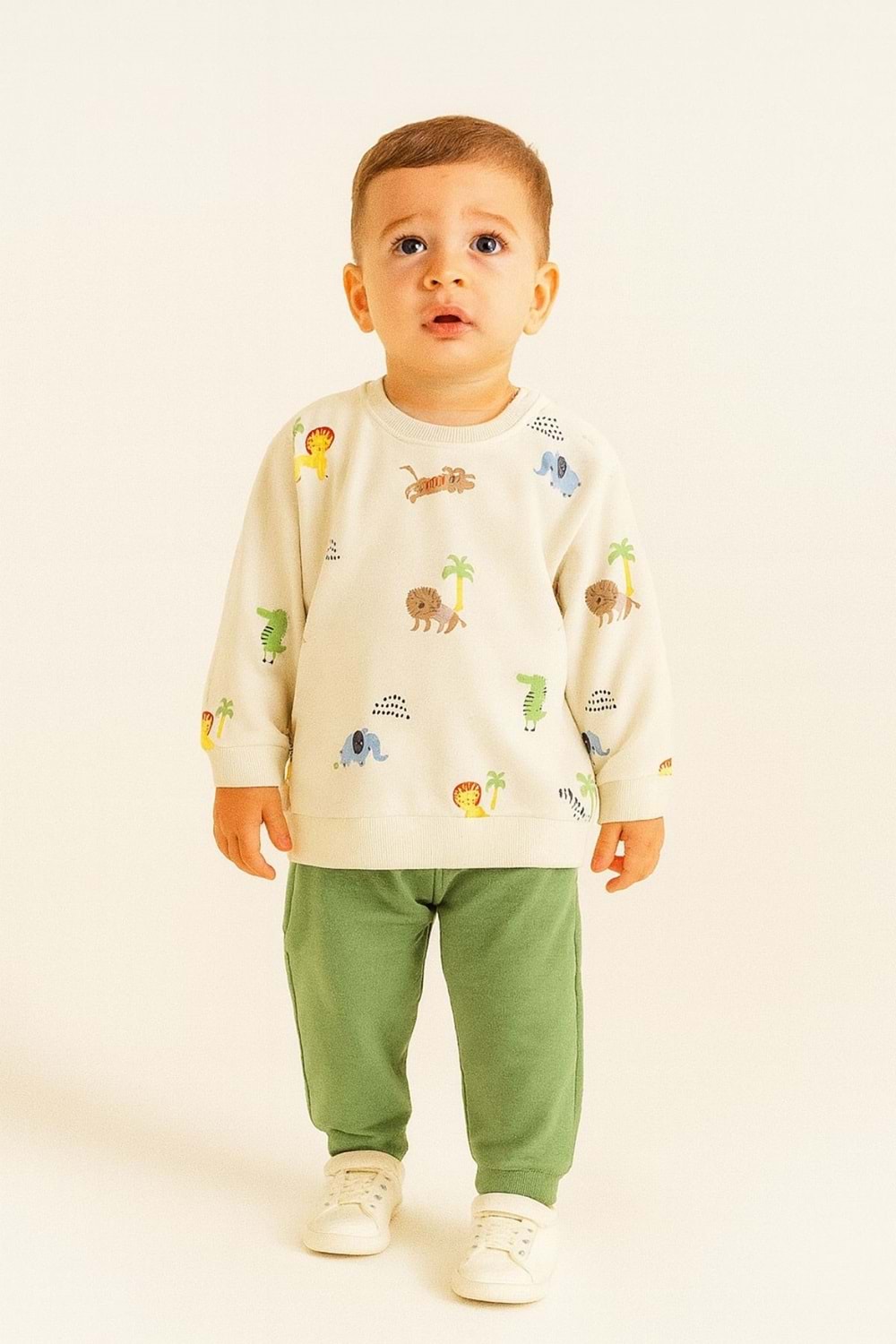 Hayvan Baskılı Bisiklet Yaka Çıtçıt Kapamalı Paçaları Lastikli Erkek Bebek Eşofman Takım