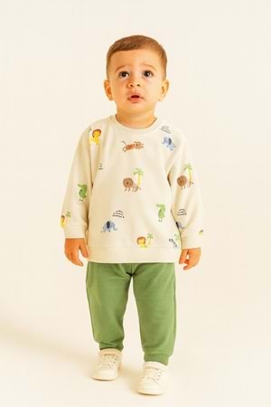 Hayvan Baskılı Bisiklet Yaka Çıtçıt Kapamalı Paçaları Lastikli Erkek Bebek Eşofman Takım