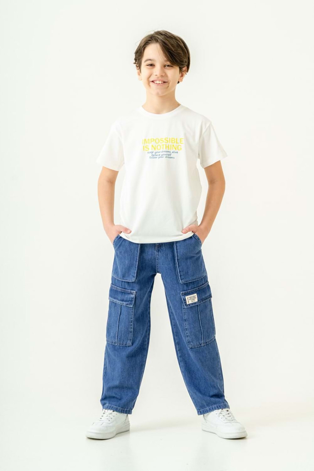 Keten Gömlek İç T-Shirt Kargo Pantolonlu 3lü Erkek Çocuk Takım - Bej