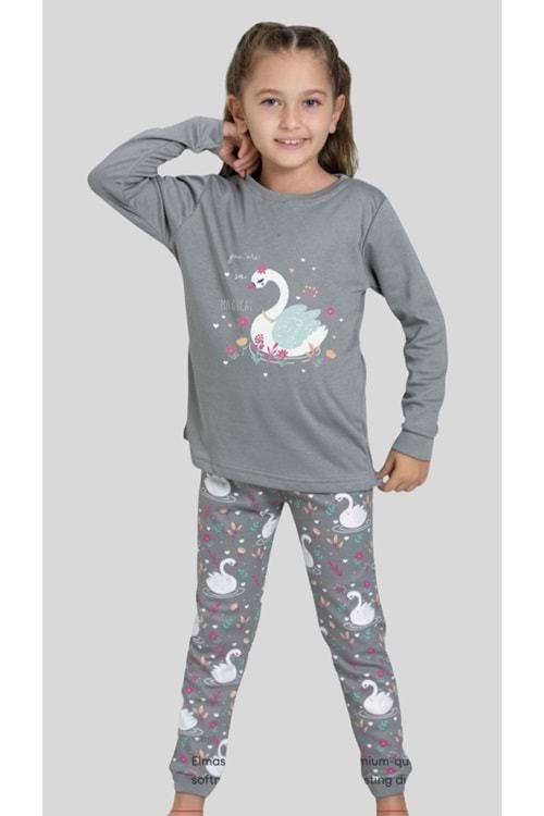 Kuğu Baskılı Bisiklet Yaka Kız Çocuk Pijama Takım