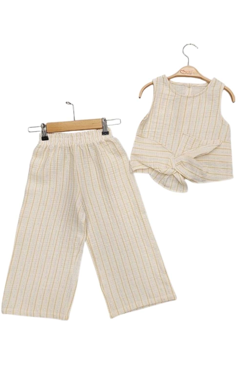 Sarı Çizgili Bağlama Detaylı Beyaz Askılı Crop Top ve Bol Paça Pantolon Kız Çocuk Takım - Bej