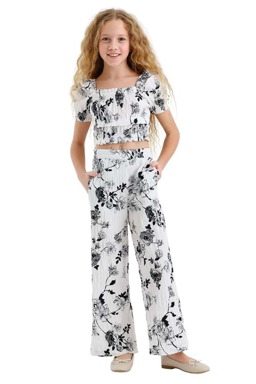 Siyah Beyaz Çiçek Desenli Kız Çocuk Crop Top ve Bol Paça Pantolon Takım - Beyaz