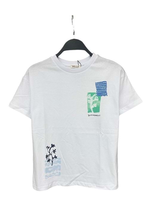 Önü Baskılı Bisiklet Yaka Erkek Çocuk T-Shirt - Beyaz