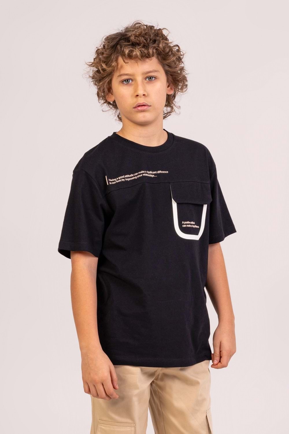 Önü Sırtı Baskılı Cep Detaylı Erkek Çocuk T-Shirt - Siyah