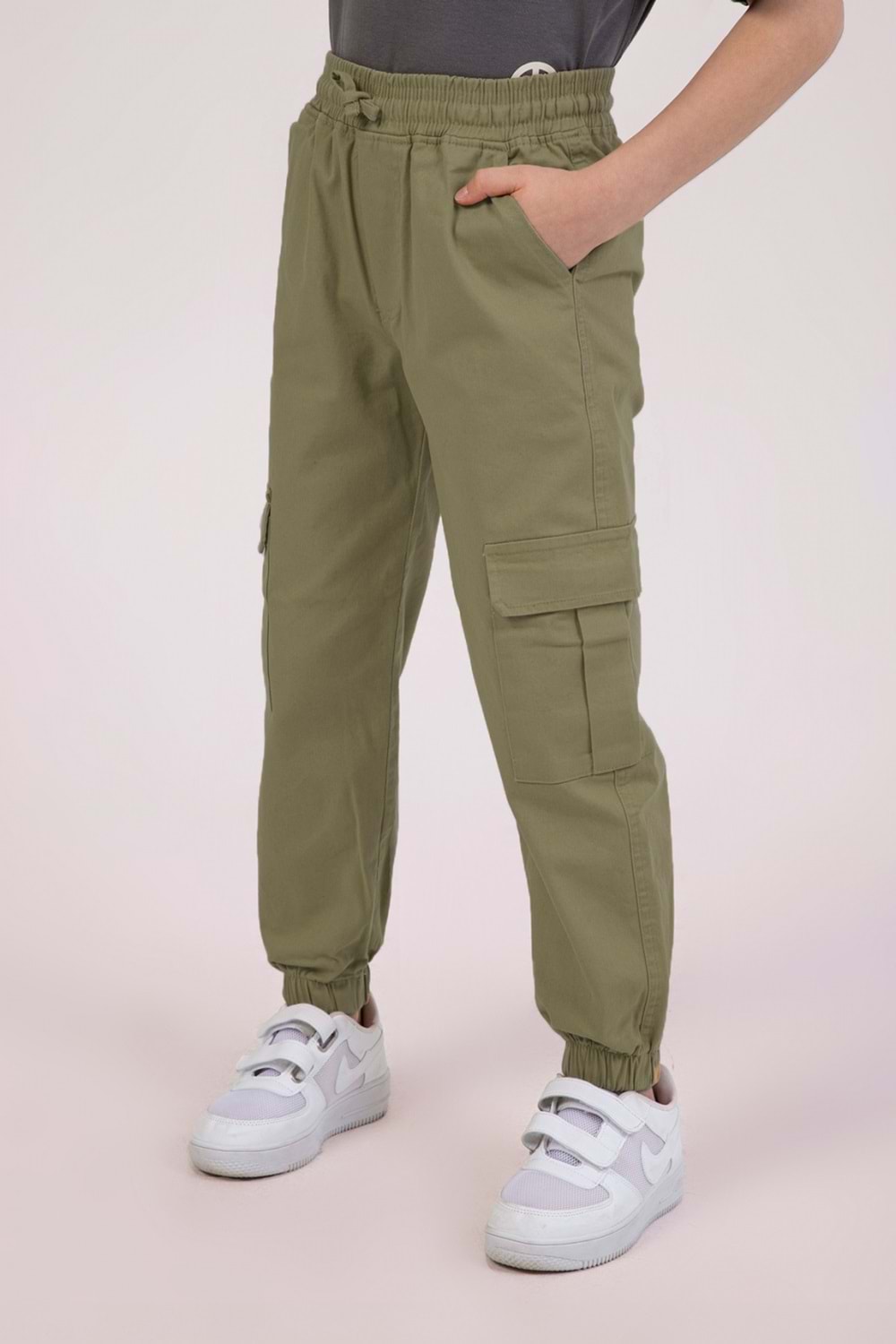 Kargo Cepli Beli Lastikli Erkek Çocuk Gabardin Kargo Pantolon - Haki