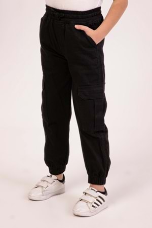 Kargo Cepli Beli Lastikli Erkek Çocuk Gabardin Kargo Pantolon - Siyah