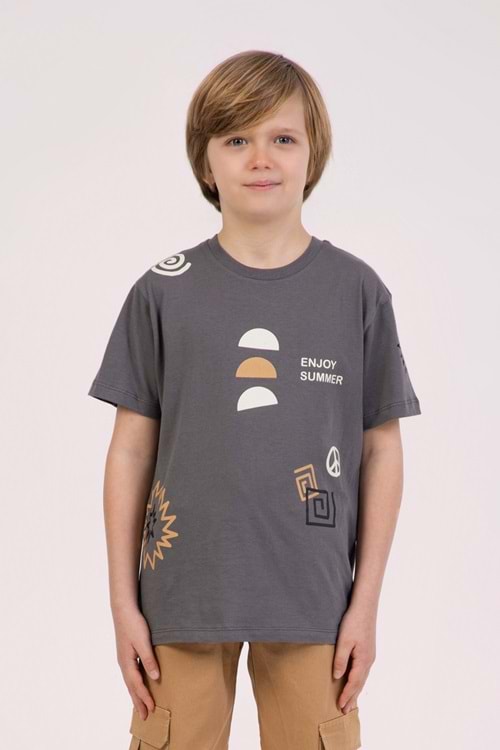 Önü Sırtı Baskılı Bisiklet Yaka Erkek Çocuk T-Shirt - Füme