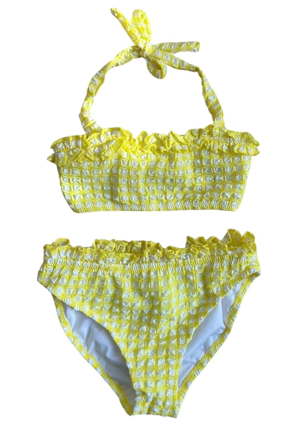Kare Desenli Fırfırlı Sarı Kız Çocuk Bikini Takımı - Sarı