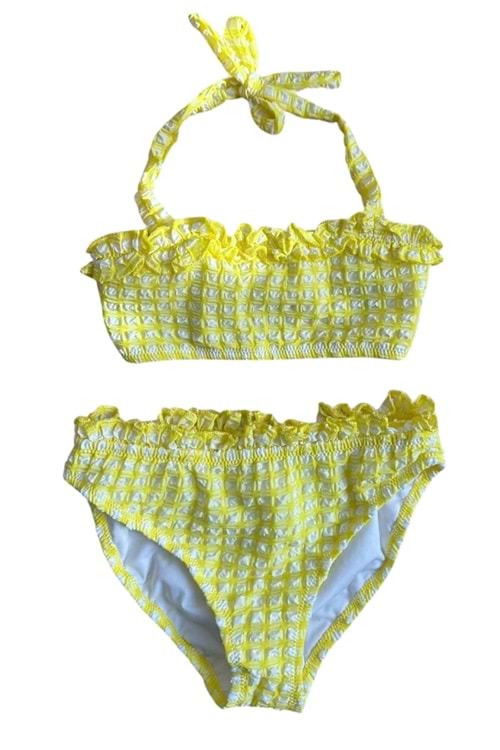 Kare Desenli Fırfırlı Sarı Kız Çocuk Bikini Takımı - Sarı