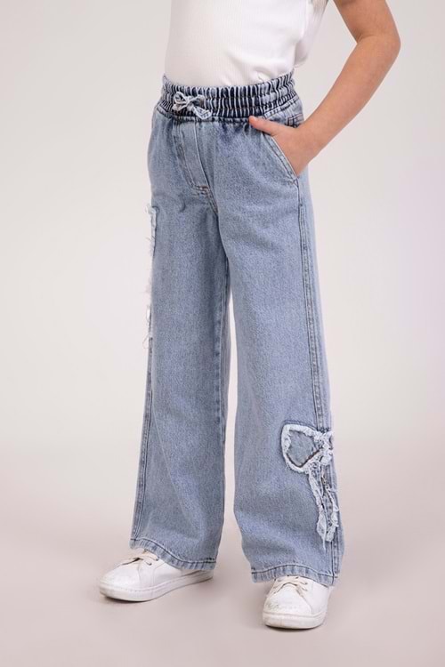 DMB BOYS & GIRLS Kurdele Nakışlı Yumuşak Dokulu Wide Leg Bol Paça Jean Kız Çocuk Kot Pantolon - Mavi
