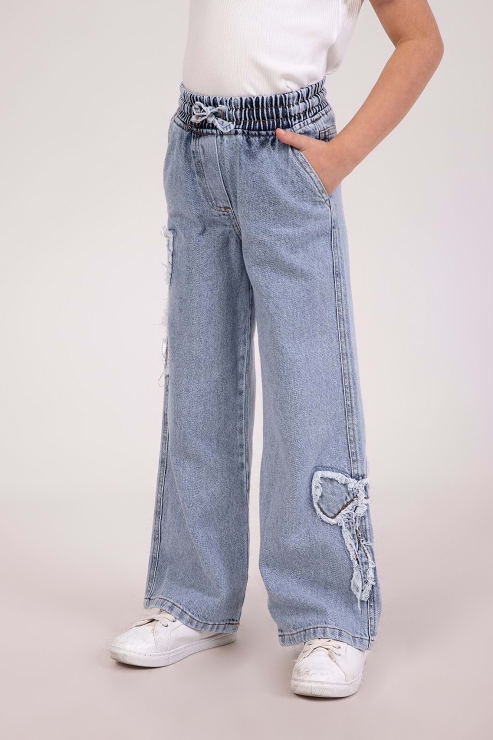 DMB BOYS & GIRLS Kurdele Nakışlı Yumuşak Dokulu Wide Leg Bol Paça Jean Kız Çocuk Kot Pantolon - Mavi