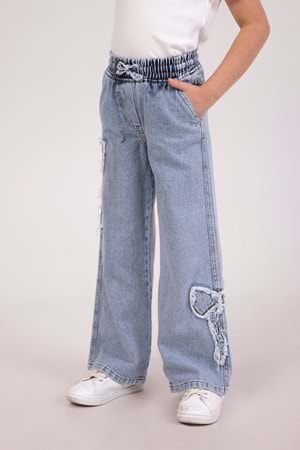 DMB BOYS & GIRLS Kurdele Nakışlı Yumuşak Dokulu Wide Leg Bol Paça Jean Kız Çocuk Kot Pantolon - Mavi