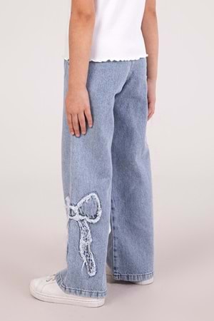 DMB BOYS & GIRLS Kurdele Nakışlı Yumuşak Dokulu Wide Leg Bol Paça Jean Kız Çocuk Kot Pantolon - Mavi