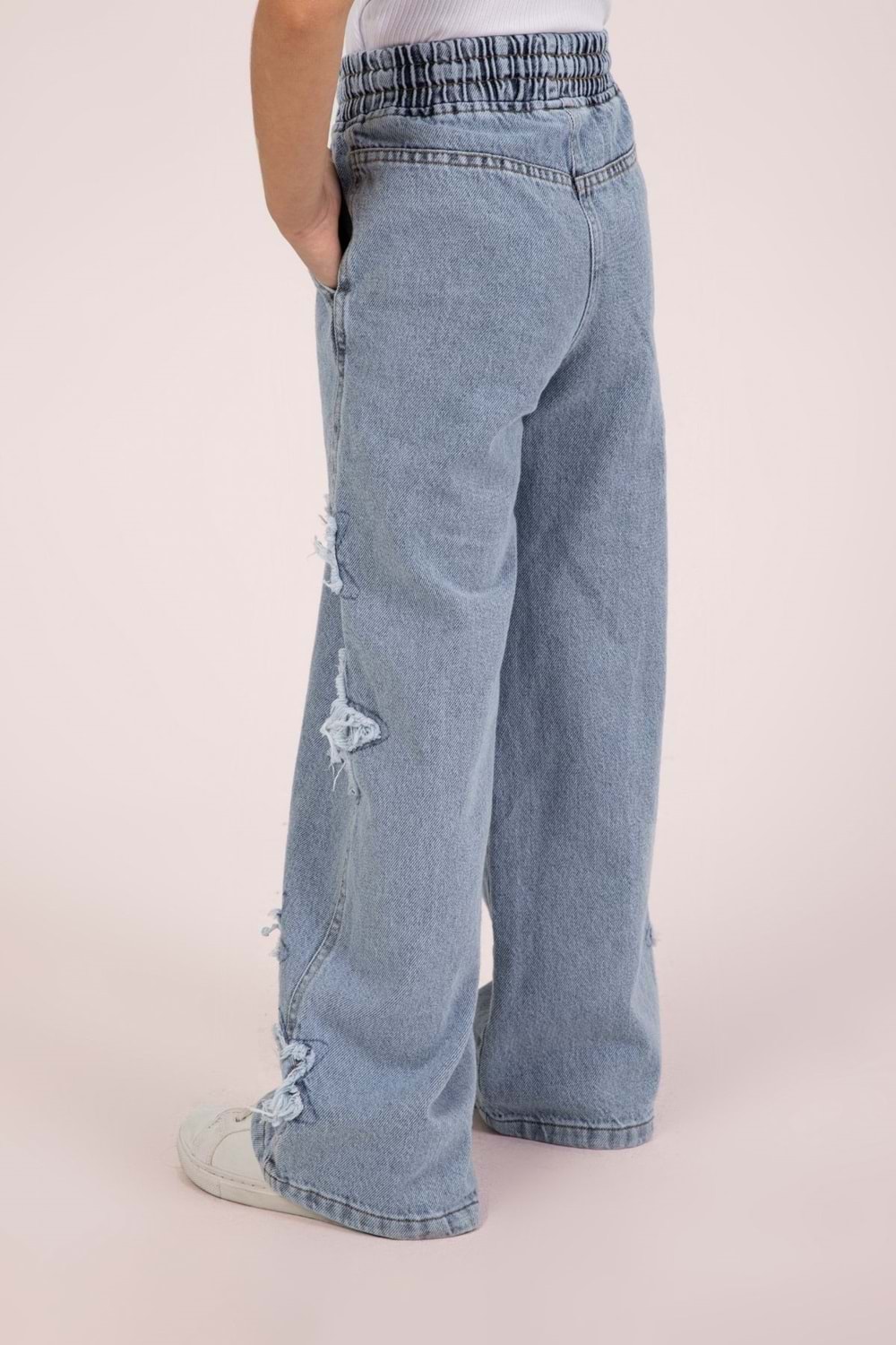 Beli Lastikli Yüksek Bol Paça Wide Leg Yıldız Nakışlı Kız Çocuk Kot Pantolon