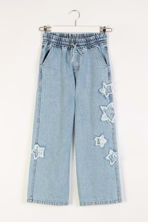 Beli Lastikli Yüksek Bol Paça Wide Leg Yıldız Nakışlı Kız Çocuk Kot Pantolon