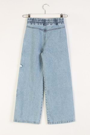 Beli Lastikli Yüksek Bol Paça Wide Leg Yıldız Nakışlı Kız Çocuk Kot Pantolon