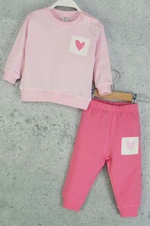Kız Çocuk Kalp Baskılı Eşofman Takımı – Pembe & Ekru